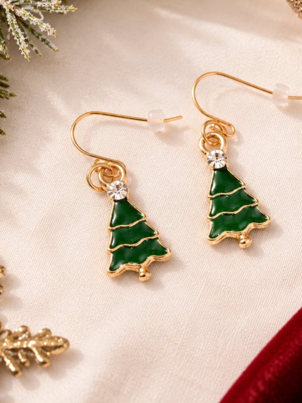 Christmas Tree Enamel Rhinestone Dangle Earrings Gold Green Holiday